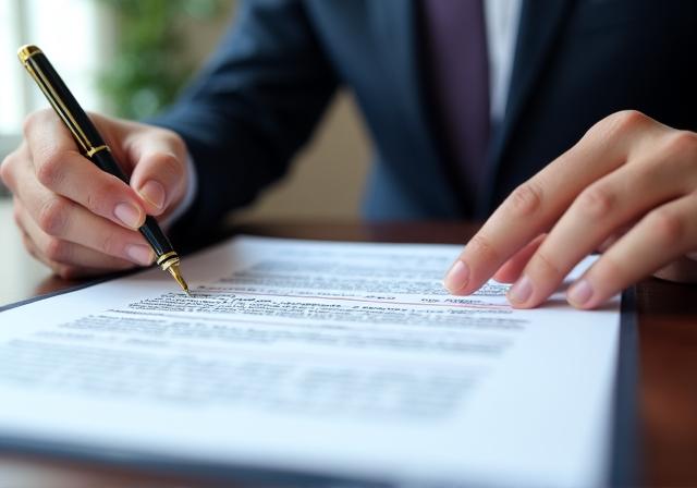 Close up of a legal professional redlining a business contract with a gold pen