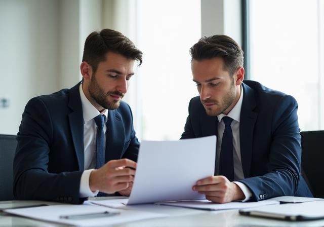 A focused legal team discussing a contract in a boardroom